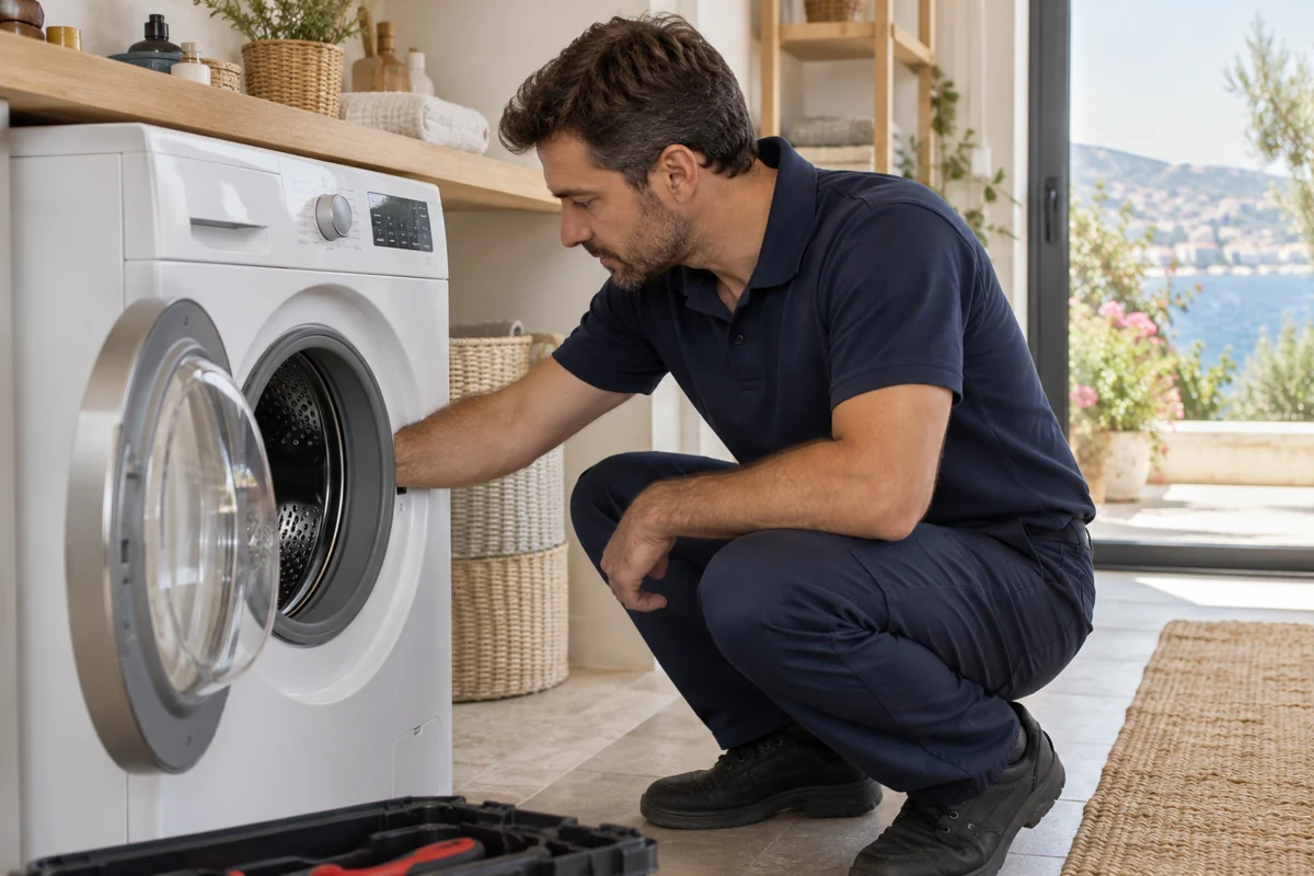 Çamaşır makinesini kontrol eden servis çalışanı